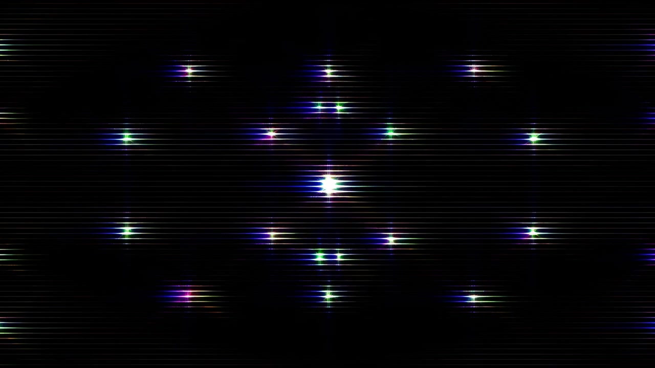 Small bright points pulse, appear, and fade across dark field while purple, blue, green, pink, and white highlights create thin horizontal streaks and changing scattered patterns.