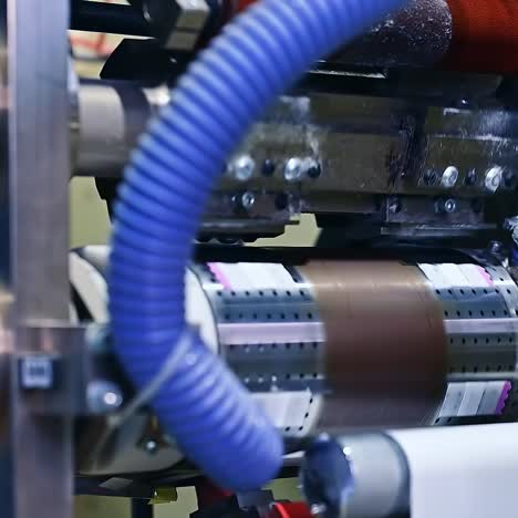 enterprise for the production of diapers. spinning shafts rotate and move the white layer between the gears of machine. mechanism at work close up