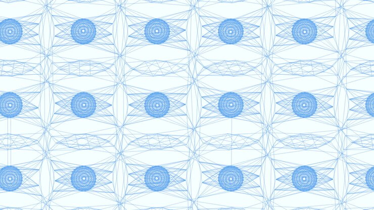 Grid of lines and scattered circles repeating blue and white pattern for wallpaper or fabric design