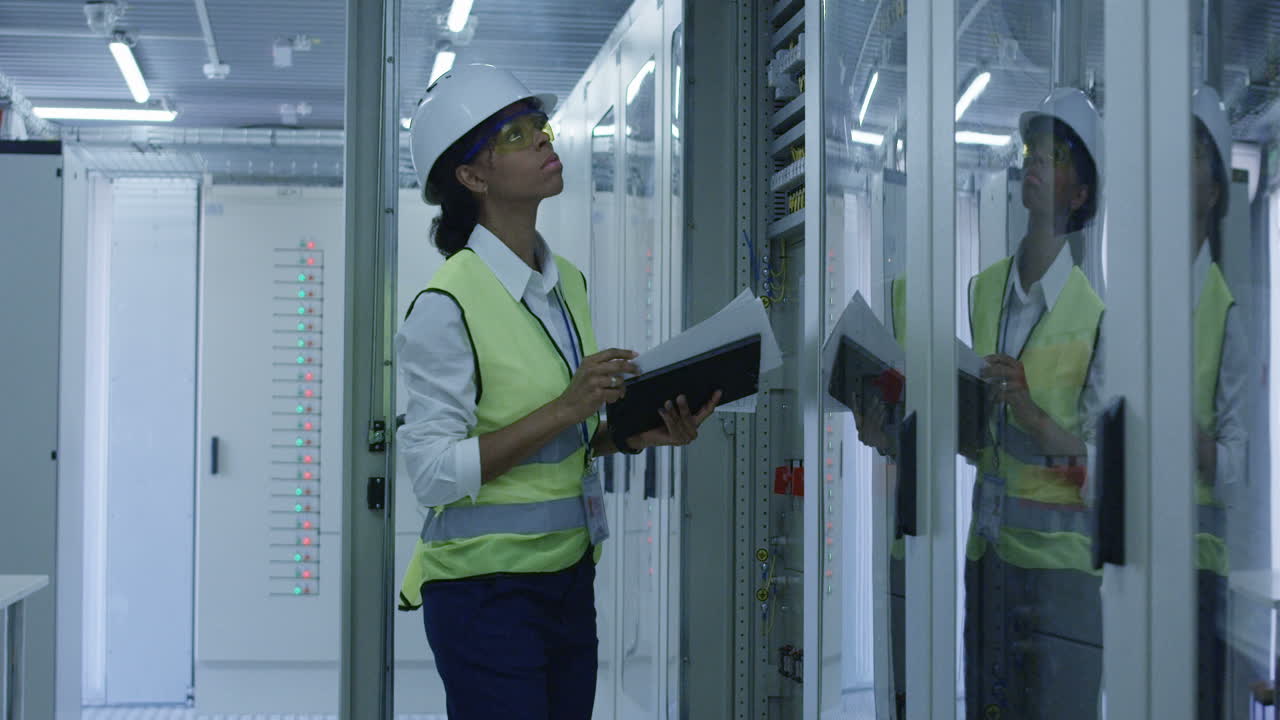 Female Engineer Inspecting Electrical Panels in a Data Center