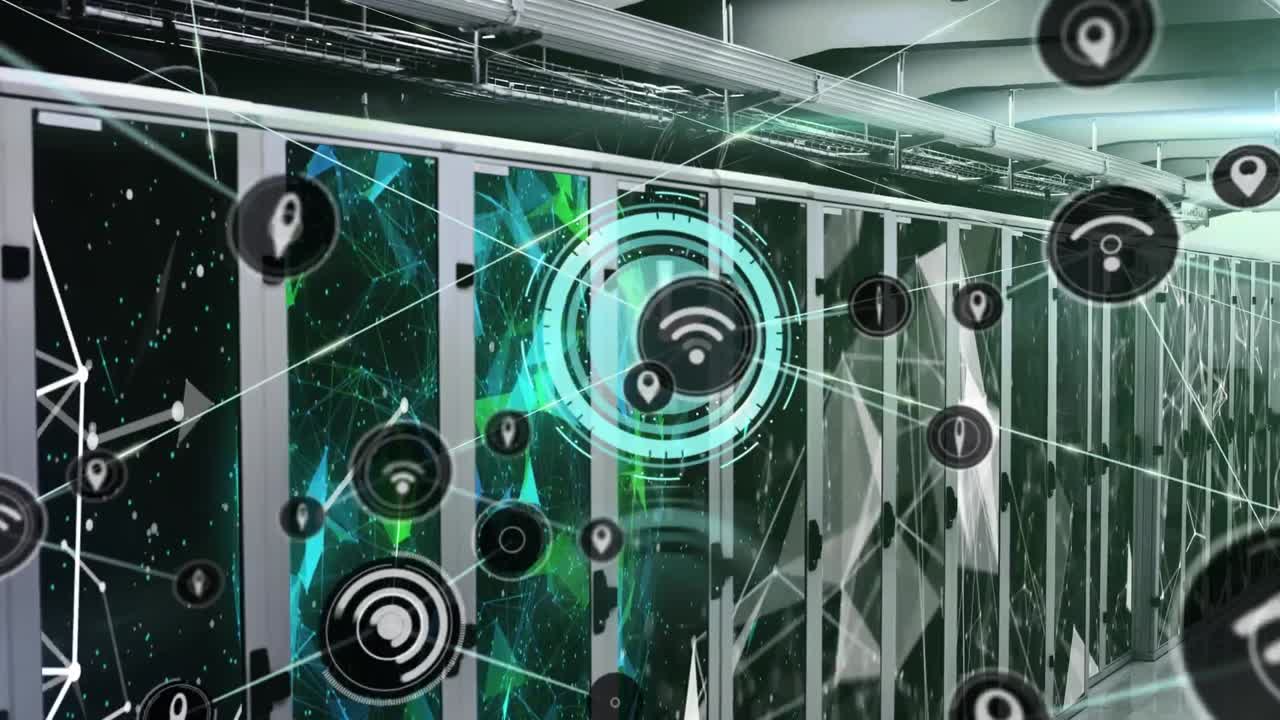 animación de la red de conexión con iconos sobre la sala del servidor