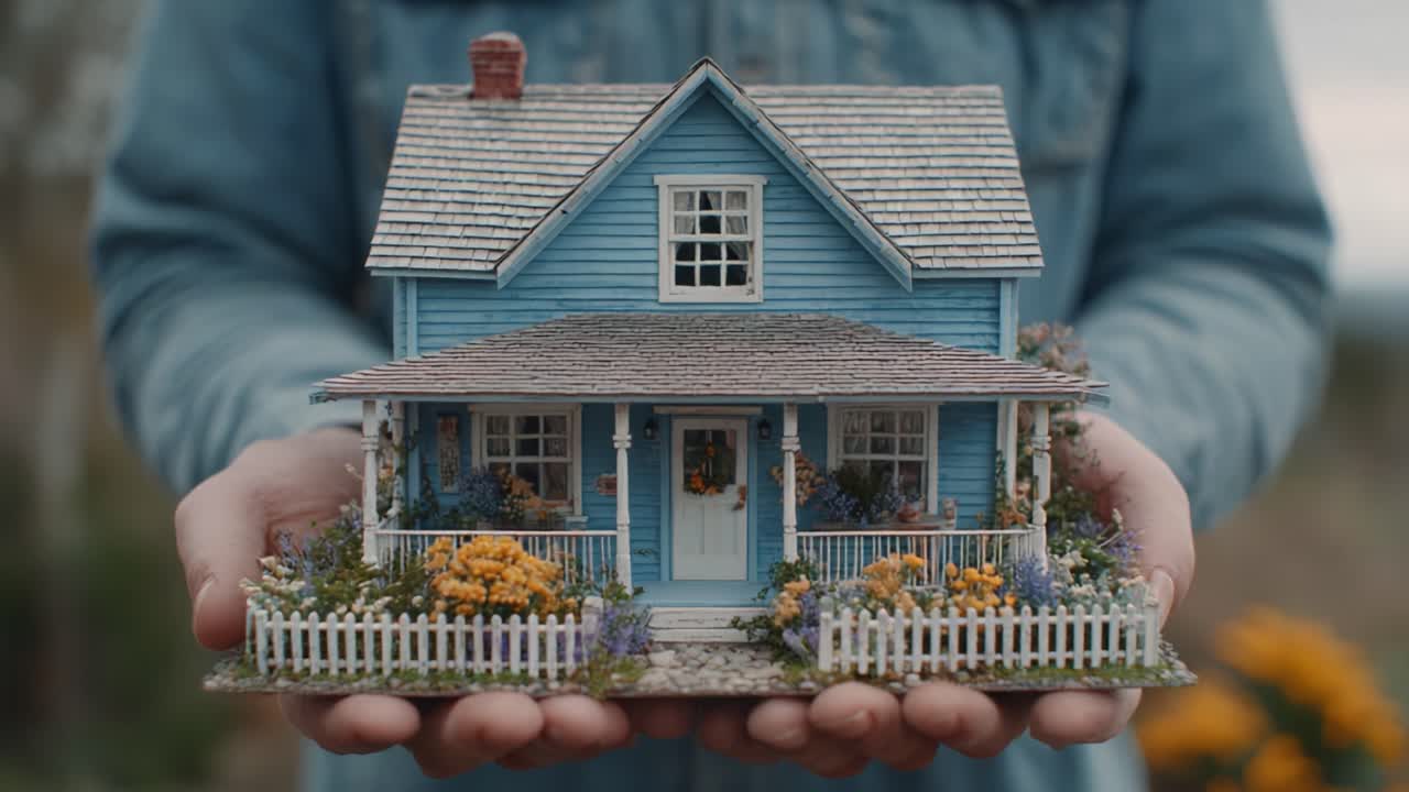 Close-up Detail dari Rumah Biru Miniatur yang Dibuat dengan Indah Dikelilingi Bunga-bunga Cerah, Dipegang dengan Sempurna di Kedua Tangan dengan Latar Belakang Buram Lembut