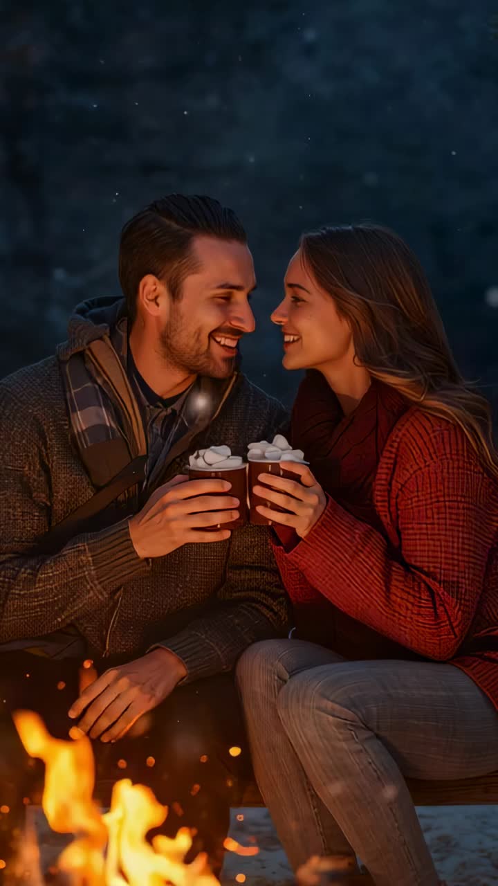 Vertical video: Clinking couple in scarves toasting marshmallow cups on cold night by campfire