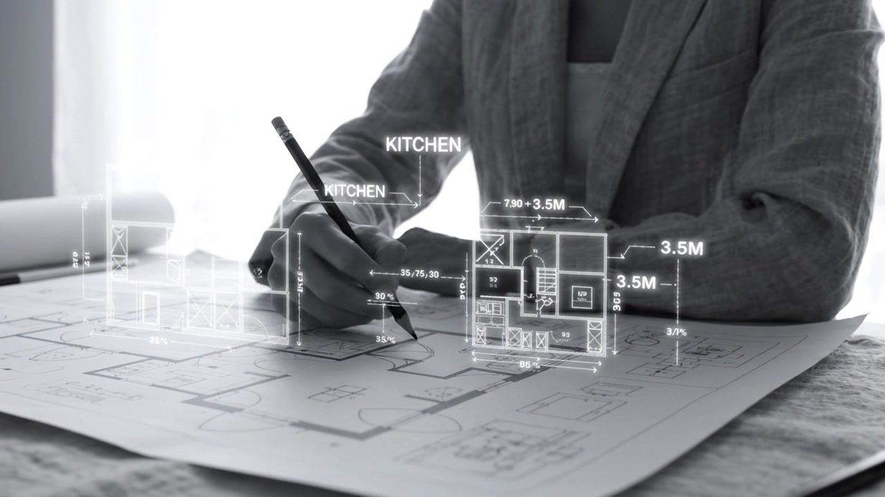 A designer showing plans for a kitchen layout, illustrating ideas and details on architectural blueprints while drafting and visualizing space efficiently.