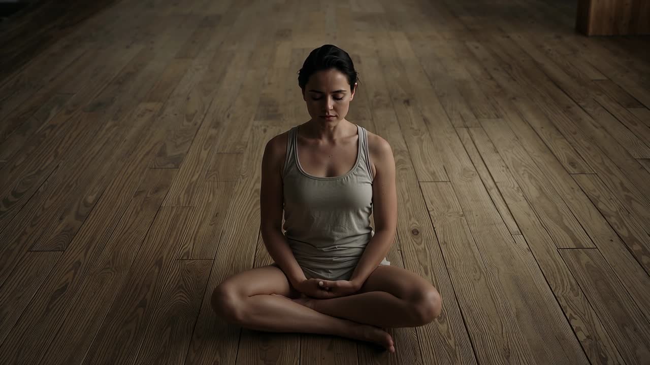 Mulher meditando em piso de madeira, a respiração causando a inclinação da cabeça e o movimento das mãos, para o bem-estar.