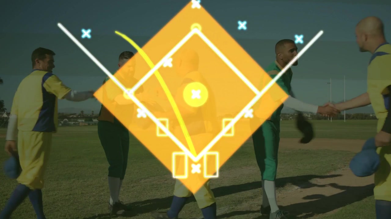 Players bumping gloves on baseball infield, handshake starting diamond mapping bases for fair play
