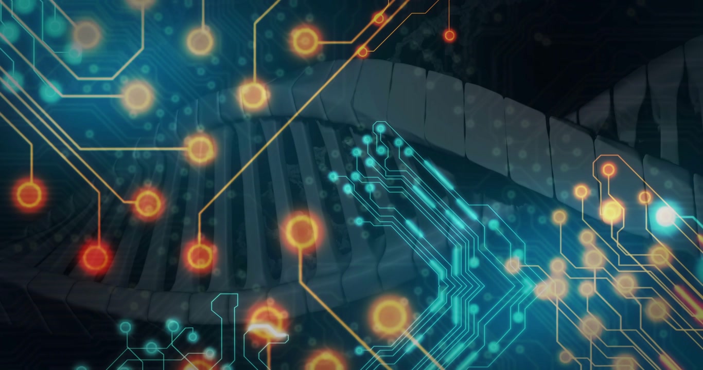 Animated circuitry overlay shifting after node pulse, pulsing and converging toward X to show music