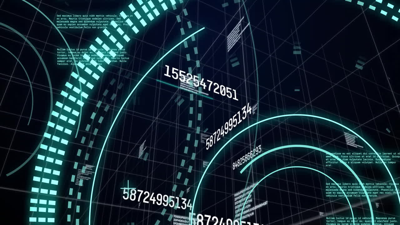 Digital data and numbers animation over grid background with curved lines