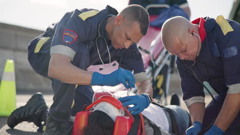 man, paramedics and patient with ems