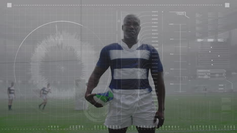 animation of data processing and rugby players over sports stadium