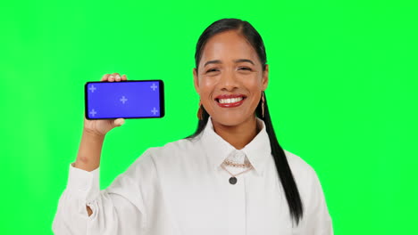 Phone,-green-screen-and-happy-with-business-woman