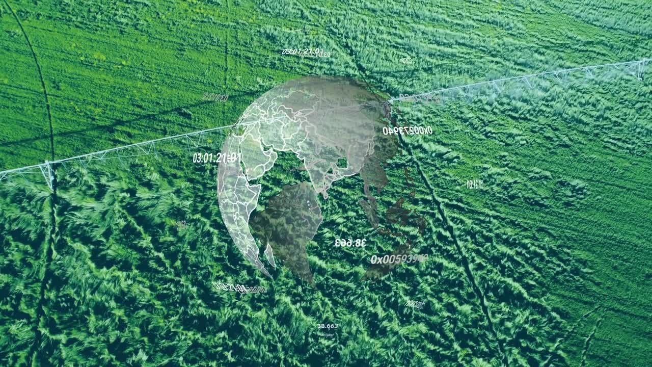 Numbers appearing, faint globe fading and rotating over fields while labels orbiting showing data