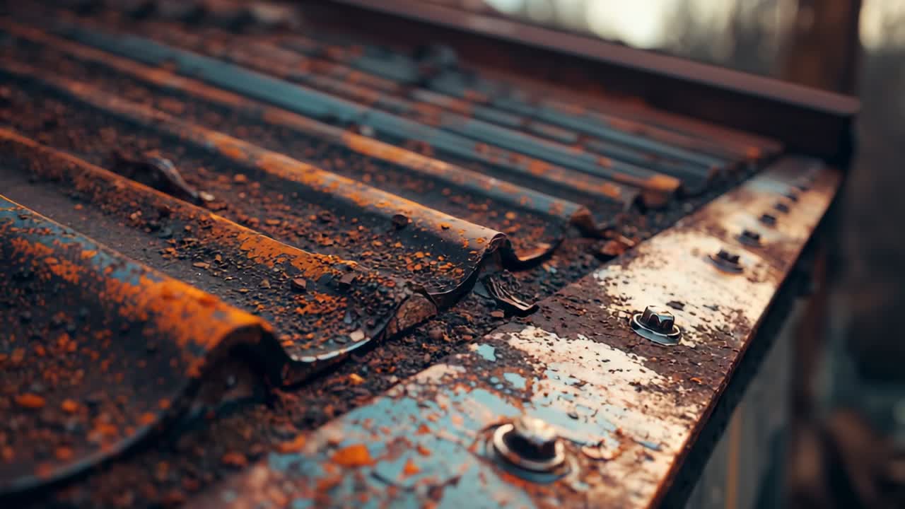 Starting frame two camera gliding along rusted metal panel on roof in woods, showing water droplets