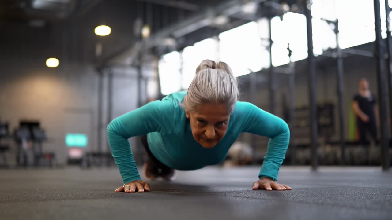 Video ripreso dal basso di una donna anziana che fa flessioni in palestra, mostrando forza e concentrazione