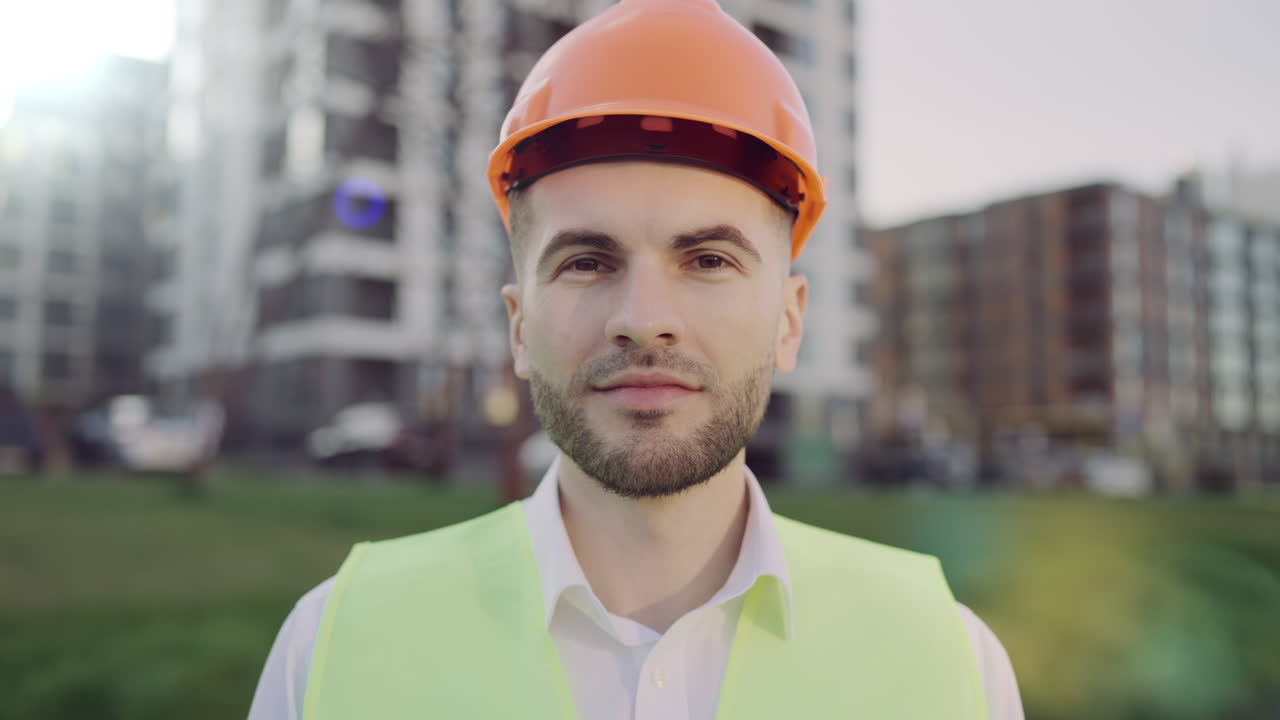 Portrait of a Male Engineer or Construction Worker in a Hard Hat and Safety Vest