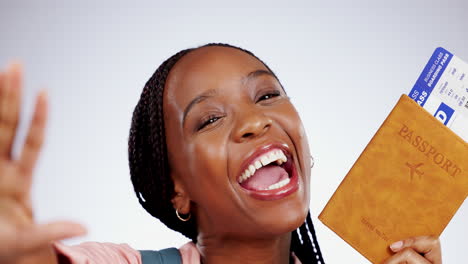 travel, passport and selfie of black woman