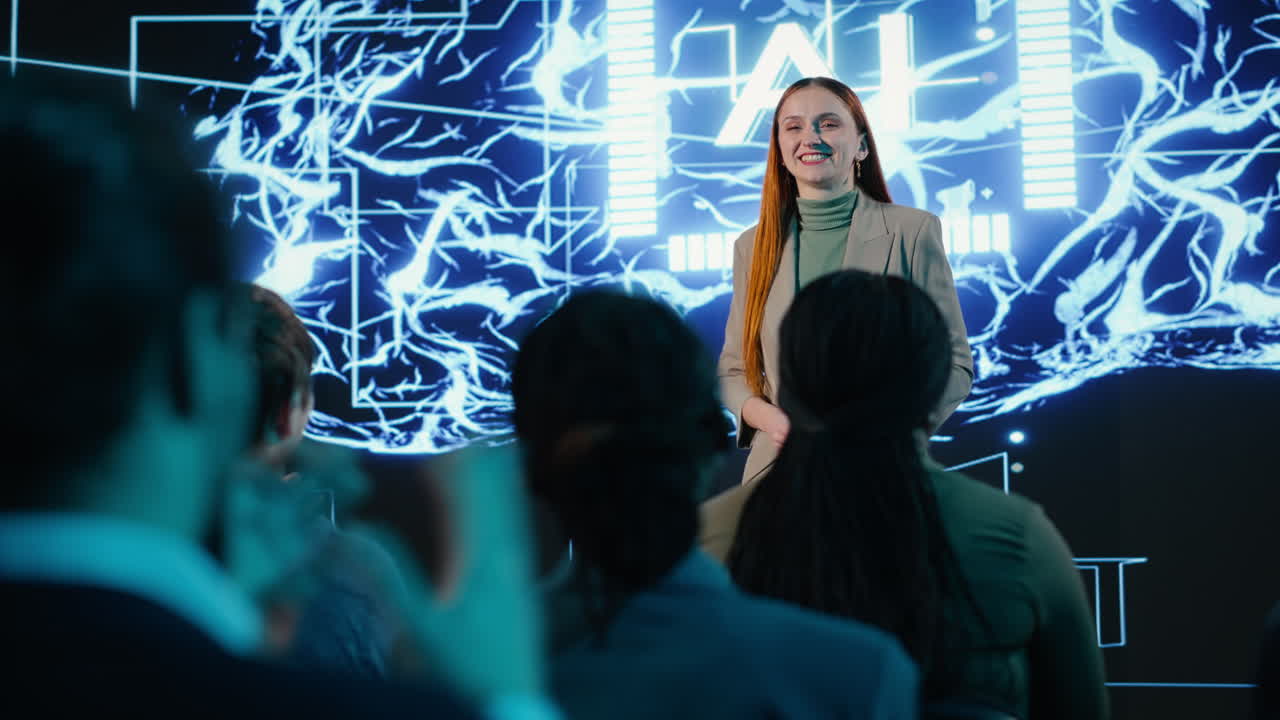 Female CEO presenter gives AI concept speech featuring ai assistant