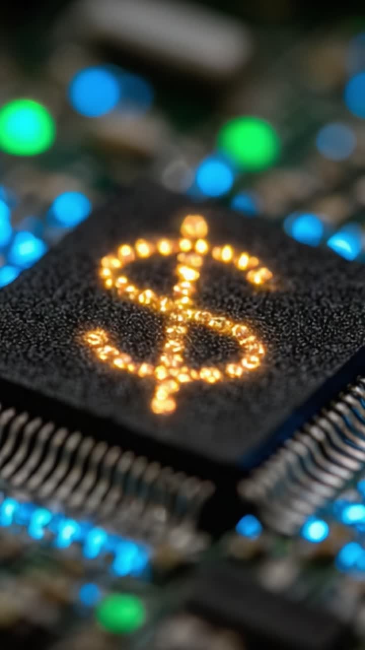 Illuminated Dollar Sign on Circuit Board: A Close-Up View of Financial Technology and Its Integration into Modern Electronics