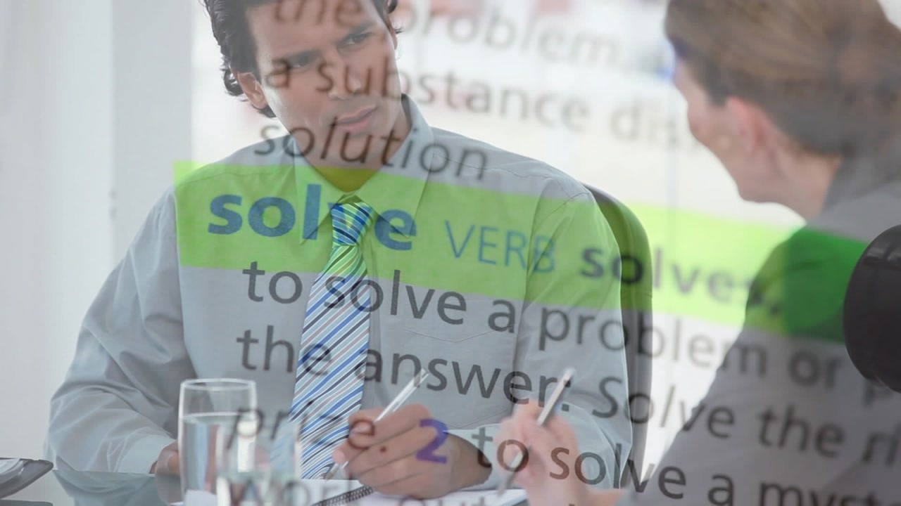 Animation of texts over diverse business people having meeting at office