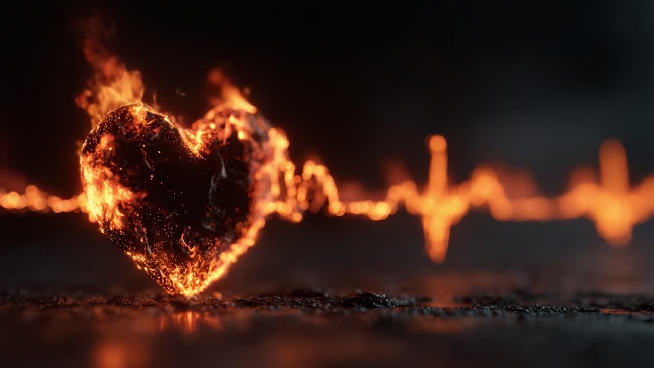 Una straordinaria rappresentazione visiva di un cuore che simboleggia amore, passione ed emozione, raffigurata attraverso fiamme vibranti intrecciate con una forma d'onda del battito cardiaco in un'animazione ipnotica.