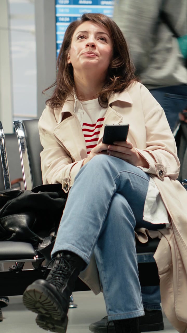 Video verticale Controllo dell'itinerario di volo, smartphone e donna in aeroporto seduta su una panchina