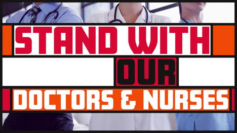 animación de texto en banderas coloridas sobre tres médicos caucásicos cruzando los brazos