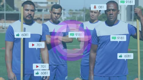 Animation-of-scope-scanning-and-social-media-speech-bubbles-over-footballers