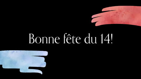 animation of bonne fete du 14 text and red and blue on black background