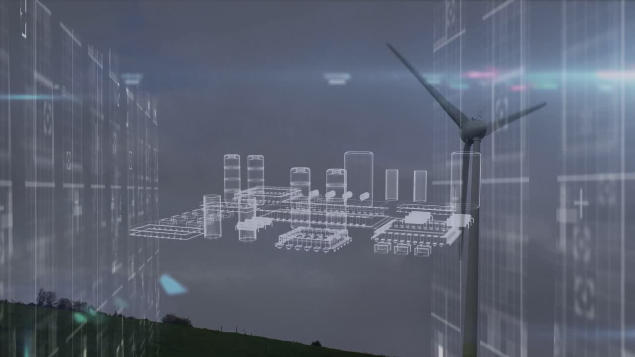 Animation of data processing and metaverse city over wind turbines