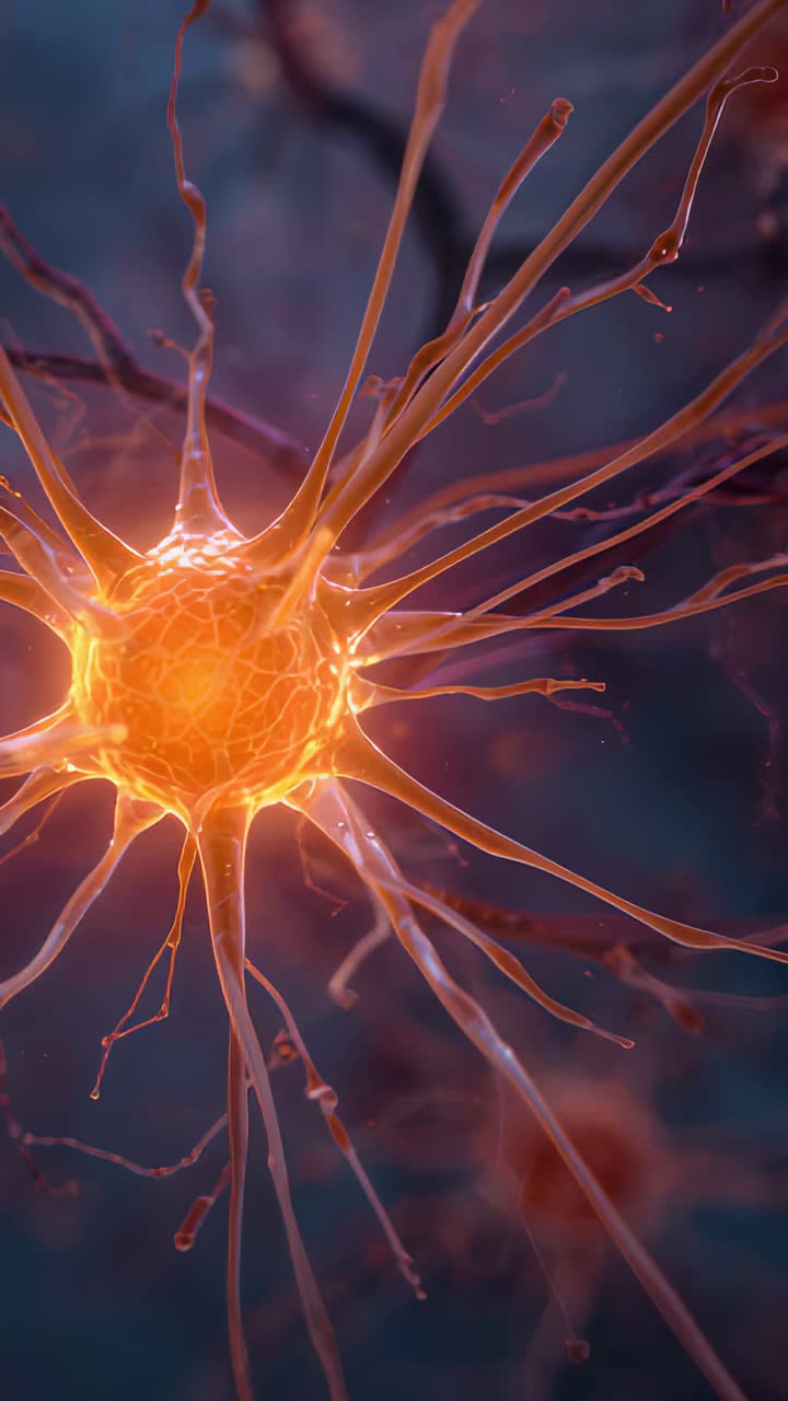 Vertical video: Pulsing neuron soma firing spikes along thin arms in micro field to signal, beads