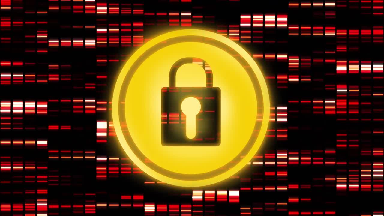 animación de la red de conexiones y el candado de seguridad en línea sobre un fondo oscuro