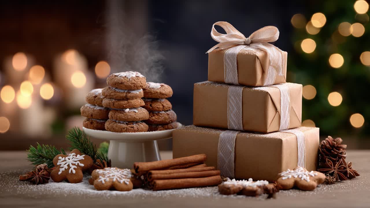 Festive Cookies and Wrapped Gifts Create a Warm Holiday Atmosphere with Aromatic Spices and Decorative Elements, Perfect for Celebrating Moments of Joy