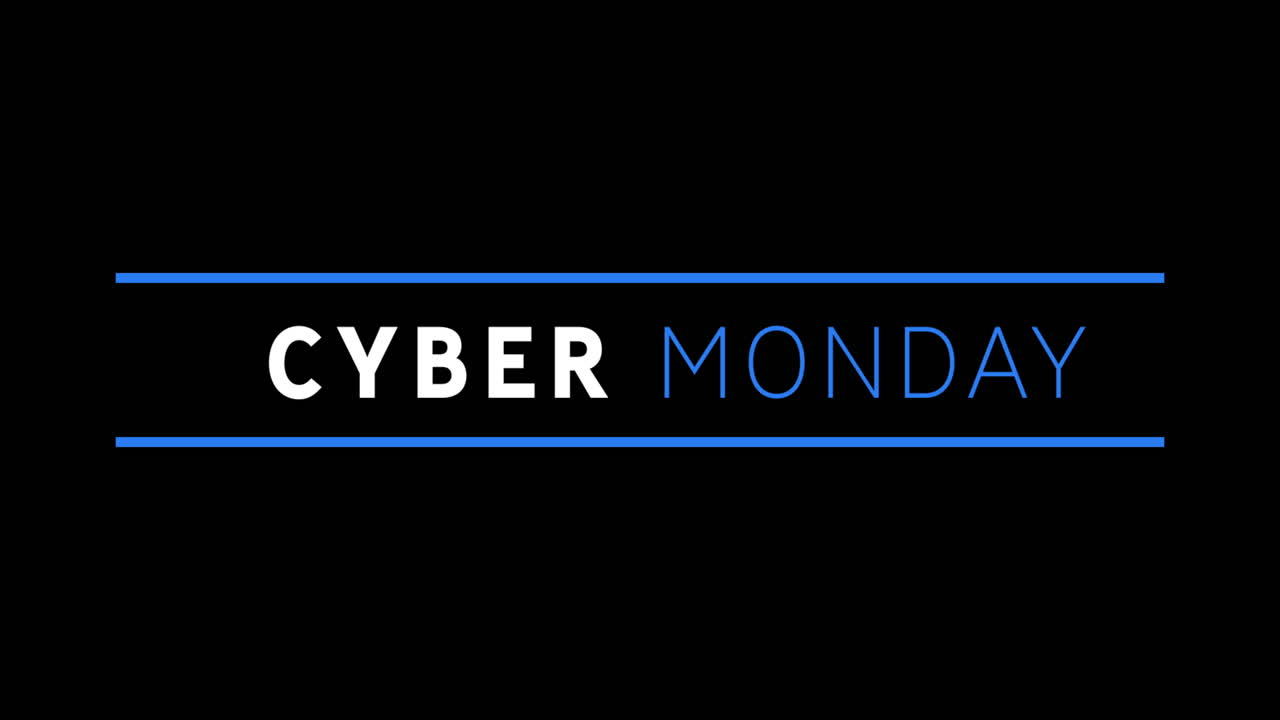 texto blanco y azul de cyber monday que aparece en 4k