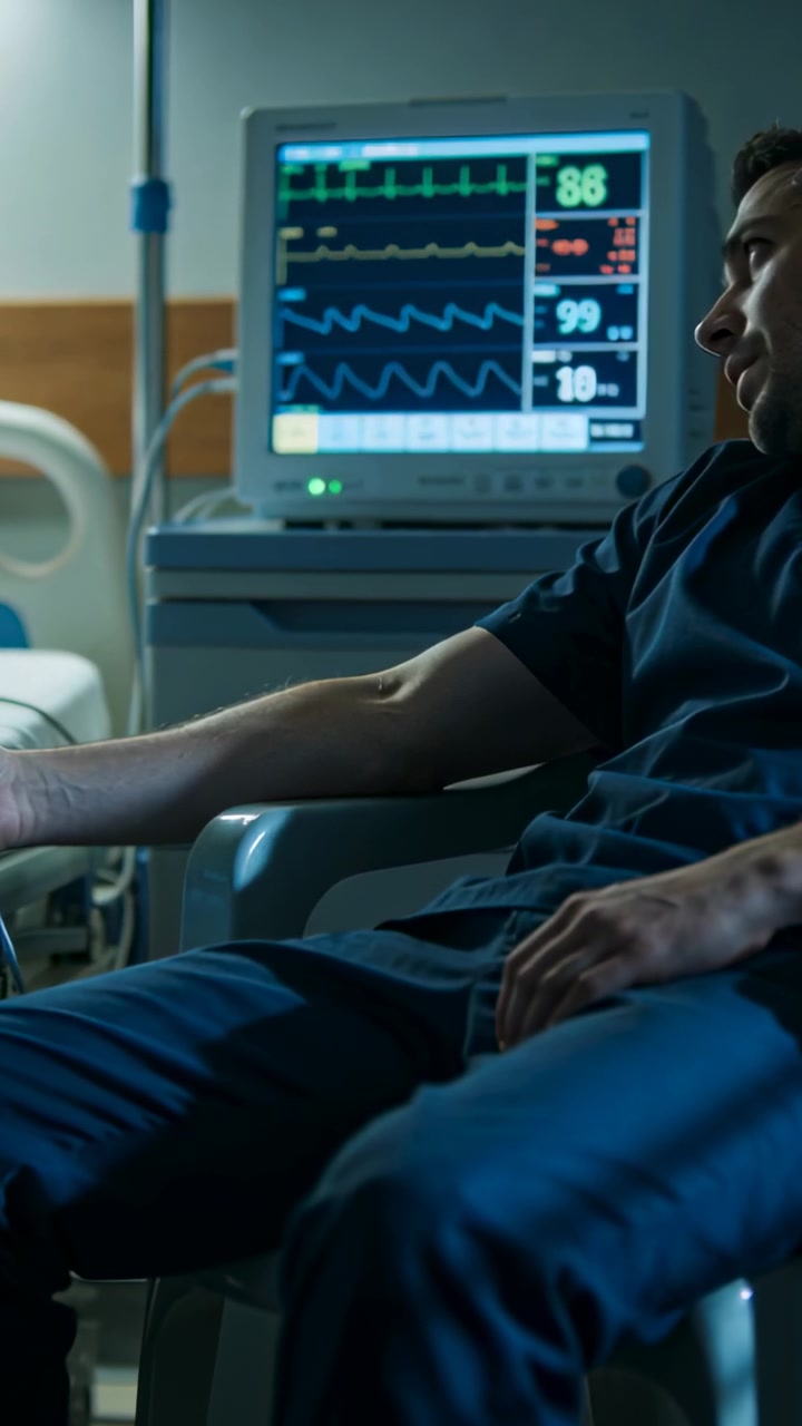 Video verticale: Vedendo i parametri vitali stabili sul monitor, uomo in divisa medica che si protende verso il letto, spazio per il testo