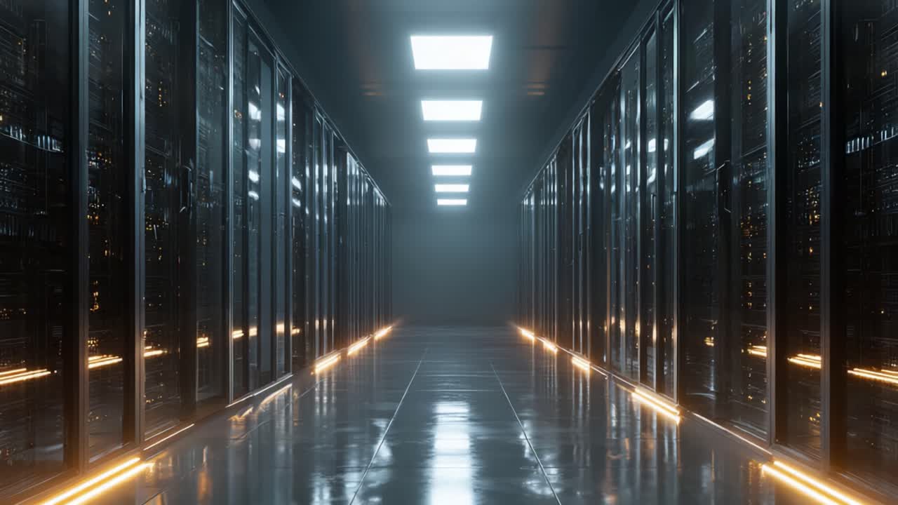Et indblik i et moderne datacenter: Oplyste serverracks og højteknologisk infrastruktur i et futuristisk, strømlinet miljø