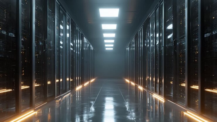 A Glimpse Into a Modern Data Center: Illuminated Server Racks and High-Tech Infrastructure in a Futuristic, Streamlined Environment