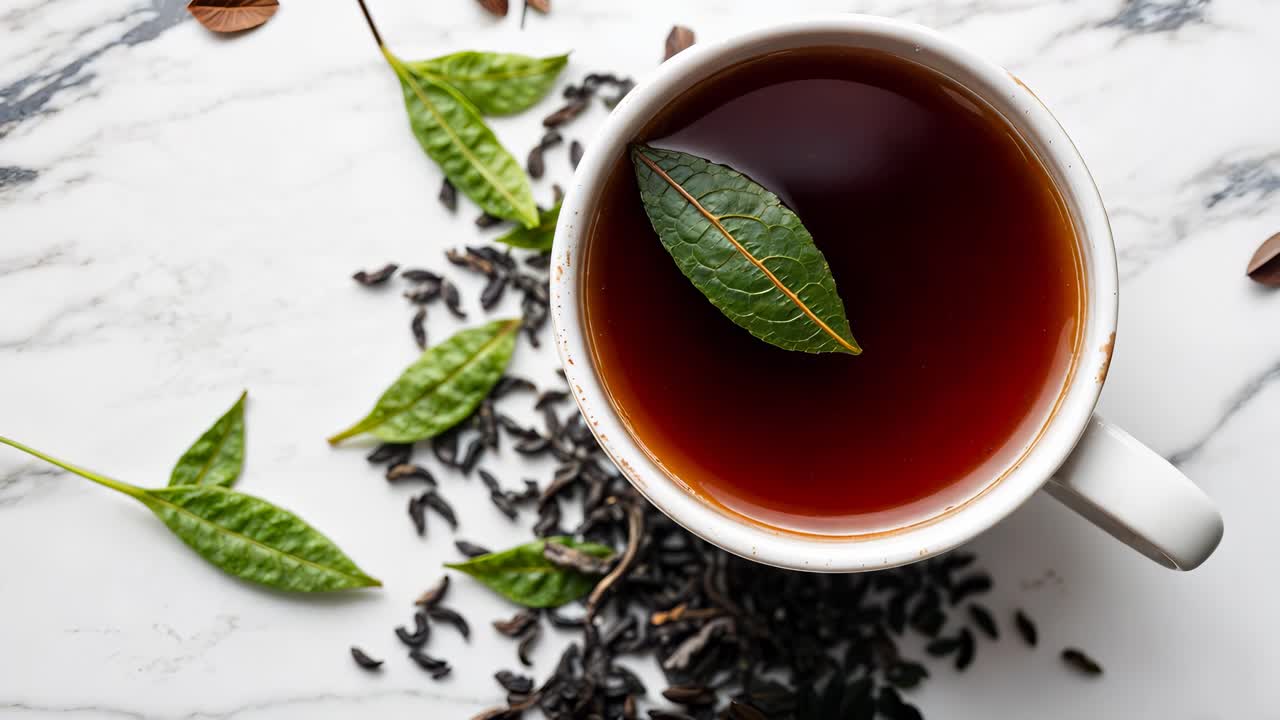 una taza de té negro con hojas de té