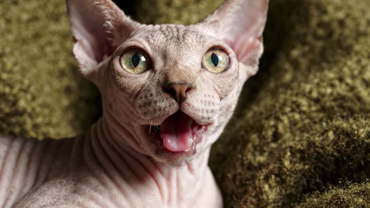 Uma exploração em close-up das características únicas de um gato Sphynx, revelando sua personalidade brincalhona e aparência distinta contra um fundo verde suave.