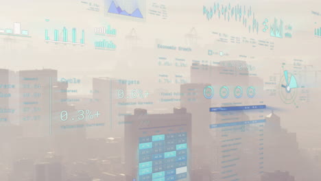 animación del procesamiento de datos financieros sobre el paisaje urbano