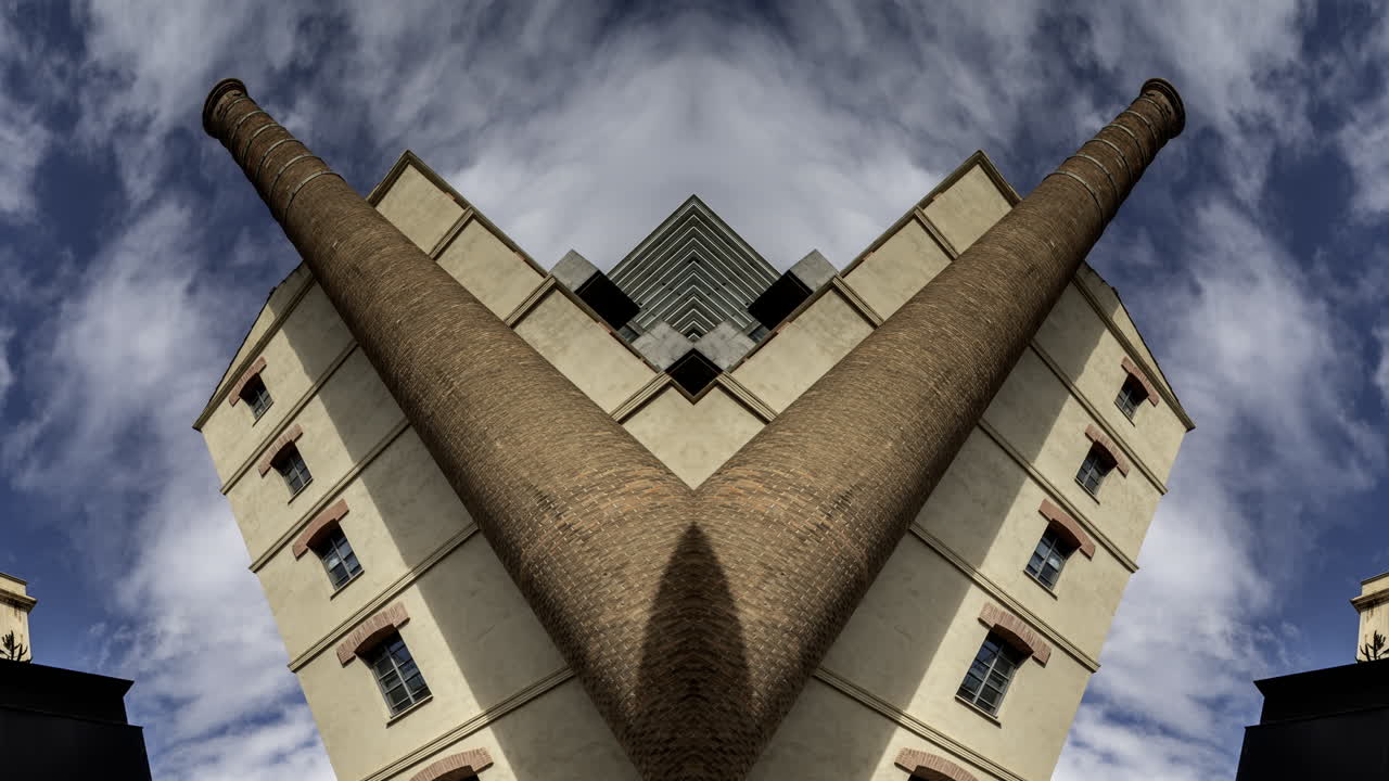 Old factory chimney and apartment buildings in barcelona made into abstract mirrored pattern