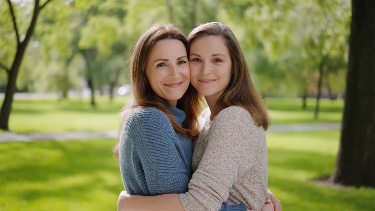 Two smiling women embracing outdoors in a park