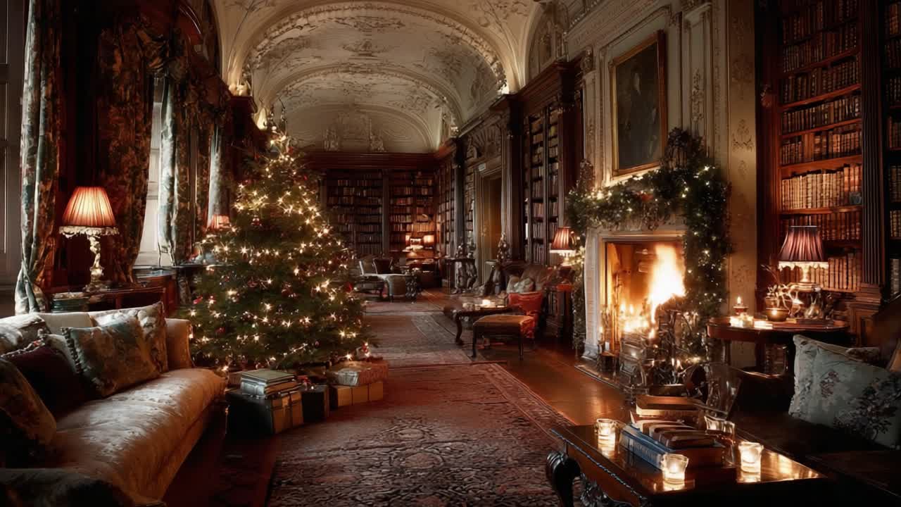 A Cozy Festive Living Room Surrounded by Books, Adorned with a Decorated Christmas Tree, Soft Lighting, and a Warm Fireplace for a Magical Holiday Atmosphere