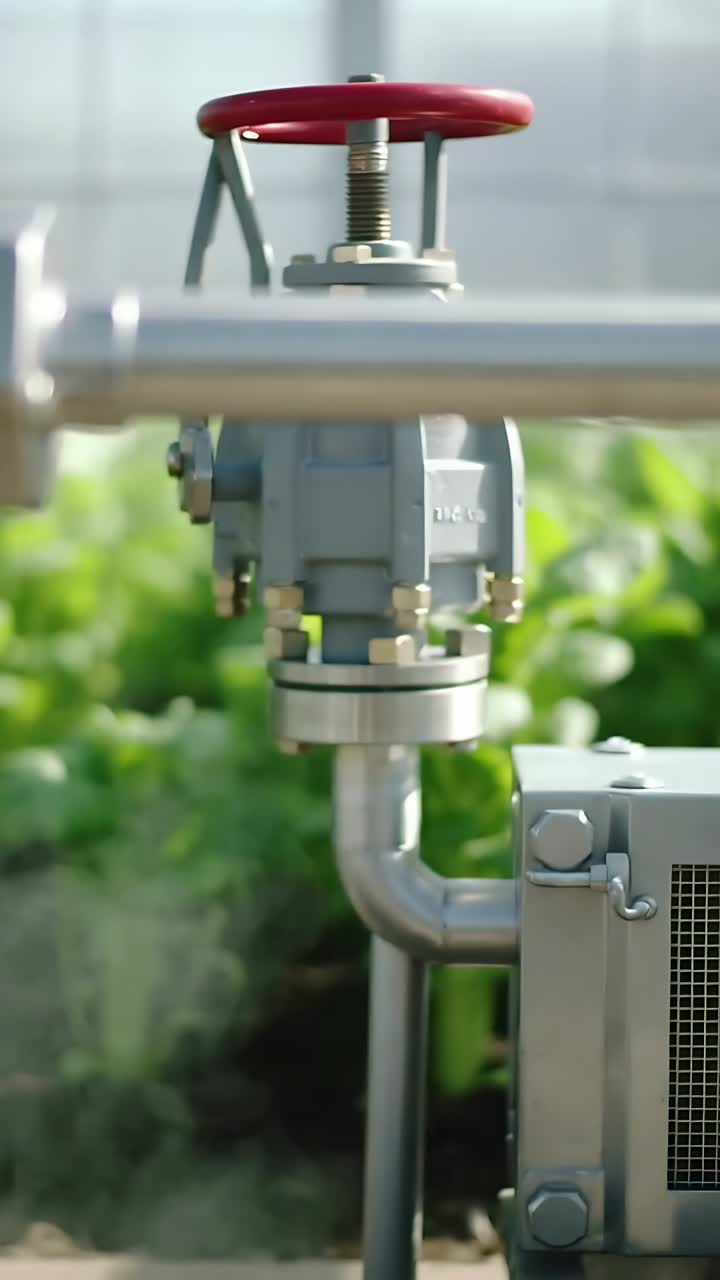 Tubo industriale e valvola rossa che rilasciano nebbia in una serra