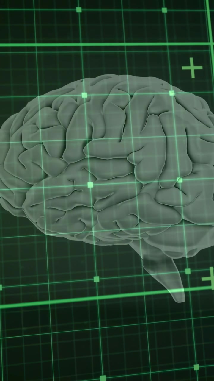 Vertical video: Diagnostic UI initiating scan line, 3D brain rotating, nodes aligning for diagnosis