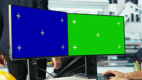 man researching new photovoltaics materials using chroma key pc