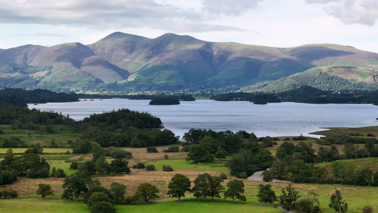 Aerial drone view of Derwent Water Looking north to Skiddaw mountain