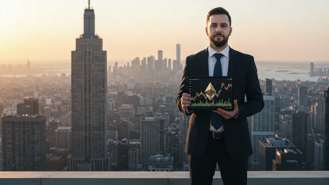 Business Professional Showcasing Financial Data Against a Stunning Urban Sunset, Highlighting Growth and Market Trends with Modern Technology