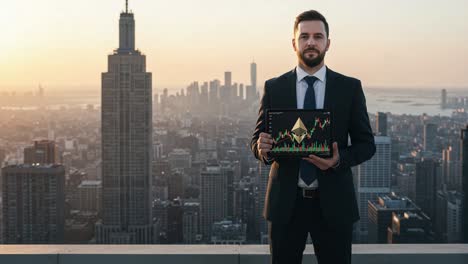 business professional showcasing financial data against a stunning urban sunset, highlighting growth and market trends with modern technology