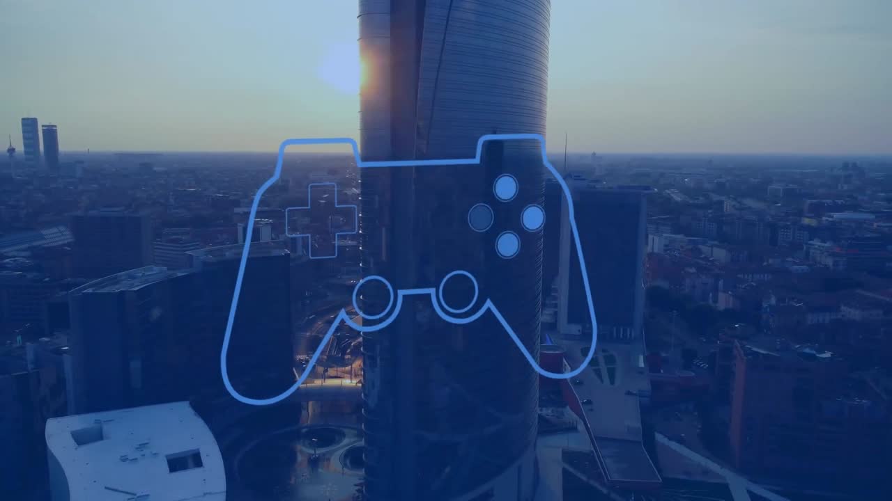 Animation of flashing blue video game console over cityscape