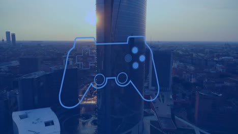 animation of flashing blue video game console over cityscape